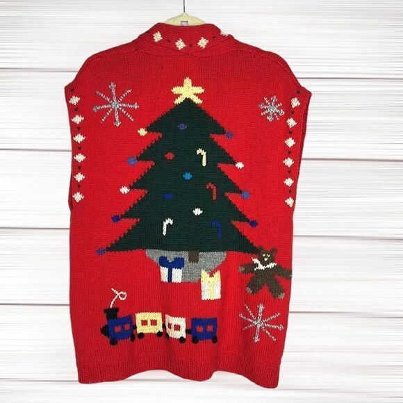 BEREK Vintage Hand Knit in Uruguay Christmas Holiday Red Wool Button Down Vest - Picture 9 of 15